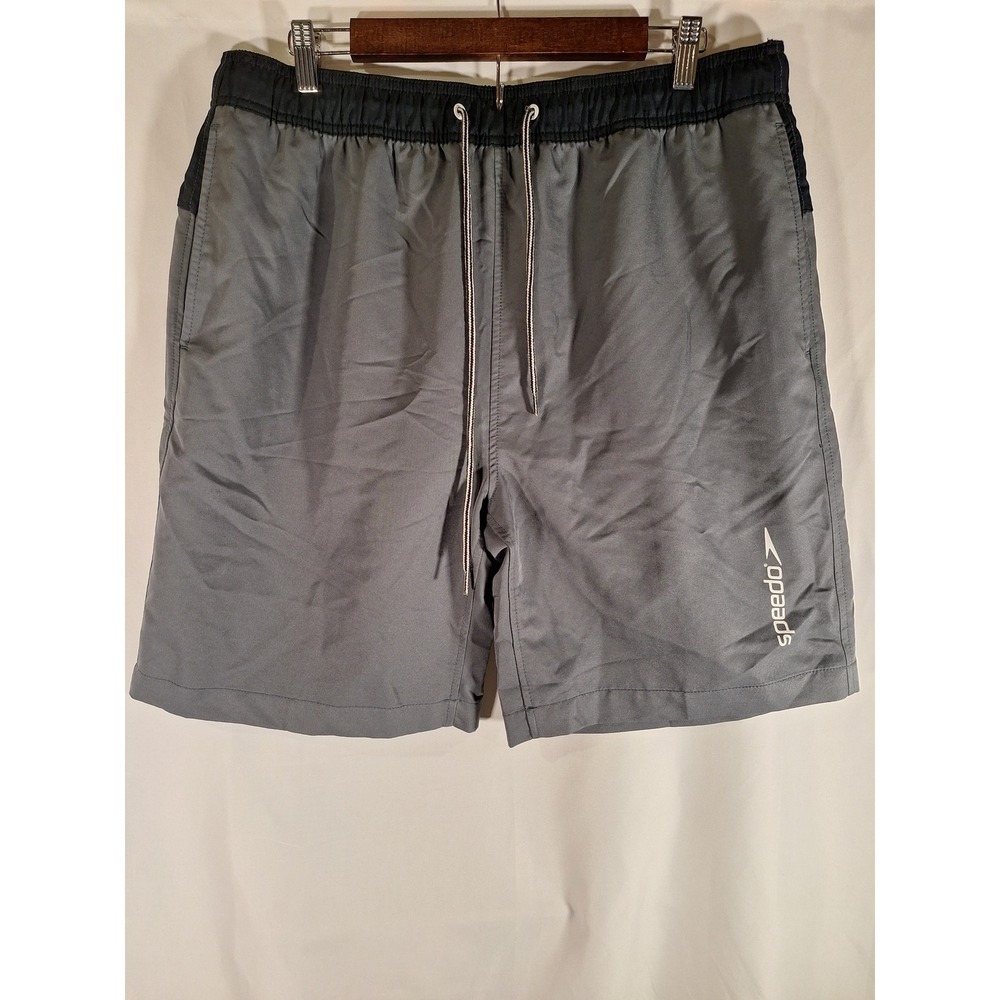 Speedo Mens Swim Trunks Grey‎ Black Elastic Waist Drawstring Board Shorts XL